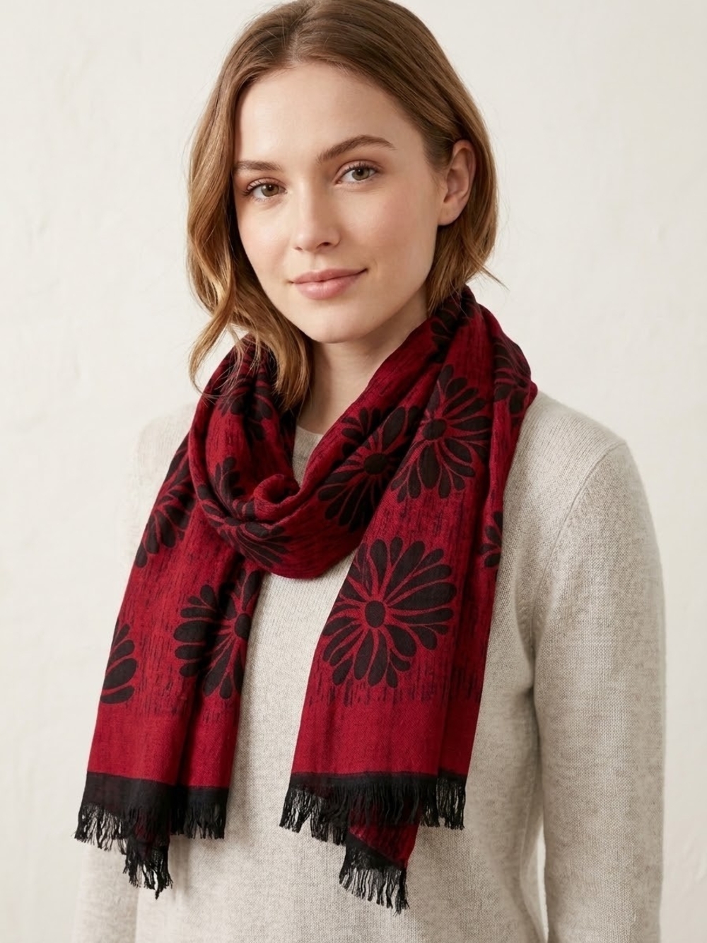 Floral Print Red Fringe Reversible Scarf - Women Accessories
